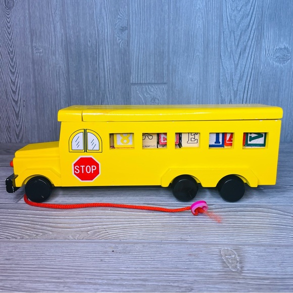 Wooden pull behind painted school bus with 36 wooden letter blocks learning toy - Picture 2 of 10